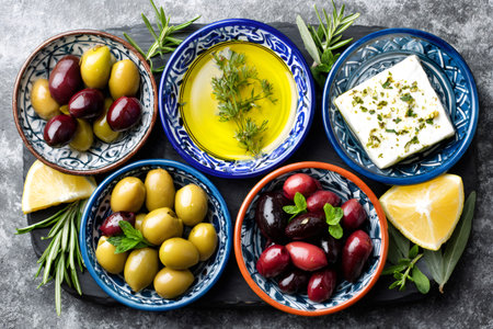 Mediterranean appetizer consisting of various olives, feta cheese, olive oil, lemon and aromatic herbs, served on a slate plateの素材