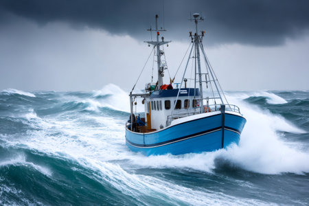 Small fishing boat sailing in a rough sea with big waves under dark stormy cloudsの素材