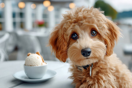 Small brown puppy looking at his ice cream dessert at an outdoor cafeの素材