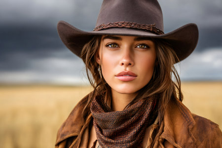 Young cowgirl wearing cowboy hat and bandana posing in a field with dramatic skyの素材