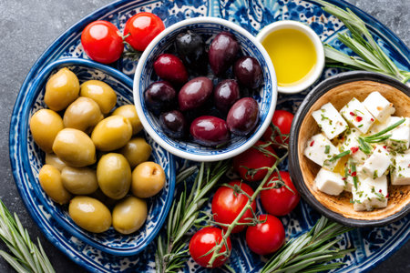 Overhead shot of a mediterranean diet platter with green and black olives, cherry tomatoes, feta cheese, rosemary and olive oilの素材
