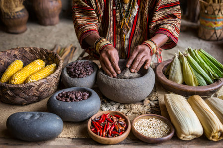 Indigenous person grinds ingredients using a traditional mortar and pestle, surrounded by various food items like corn, beans, chili peppers, and grainsの素材