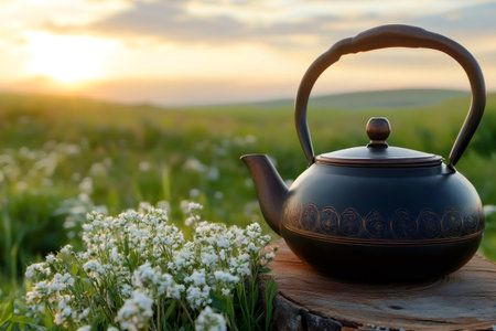 Traditional dark metallic teapot standing on wooden surface in meadow with small white flowers at sunsetの素材