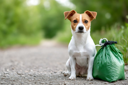 Jack Russell terrier sitting on a path next to a green dog waste bag, promoting responsible pet ownership in a parkの素材