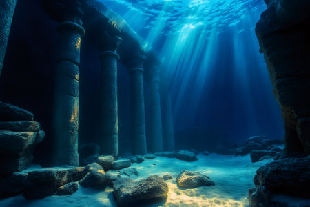 Sunbeams illuminate ancient Egyptian ruins submerged beneath the ocean's surface, creating a captivating scene of mystery and historical wonderの素材