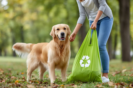 Volunteer cleaning up park with her golden retriever using a green biodegradable and compostable bagの素材