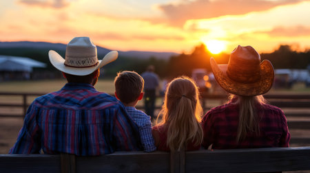 Rear view of cowboy family sitting on wooden fence and watching rodeo show at sunsetの素材