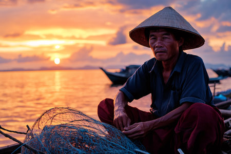 Vietnamese fisherman wearing traditional conical hat mending his fishing net at sunset on Inle Lake, Myanmarの素材