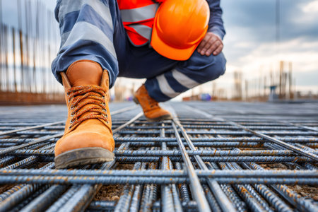 Construction worker crouching and checking reinforcement steel bars at building siteの素材