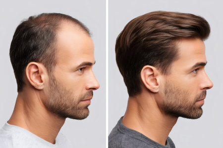 Profile of a man showing hair growth progress after a hair transplant procedureの素材