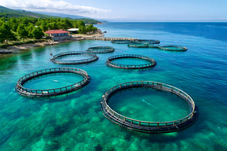 Round fish farm cages floating in turquoise Mediterranean sea next to the coastの素材