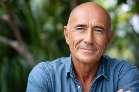 Happy retired man smiling in a peaceful garden setting, enjoying his golden yearsの素材