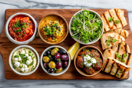Sharing a delicious Mediterranean mezze platter with hummus, pita bread, marinated olives, and various dipsの素材