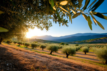 Scenic view of an olive grove at sunset, with warm light illuminating the trees and creating a peaceful atmosphereの素材