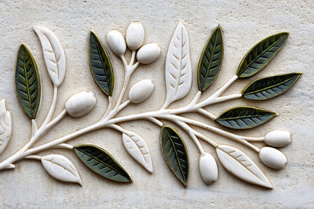 Close up of a carved olive branch symbolizing peace, prosperity, and victory, adding an elegant touch to a stone wallの素材