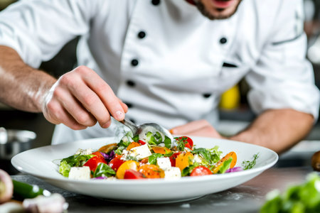 Professional chef adding finishing touches to a colorful vegetarian salad in a commercial kitchenの素材