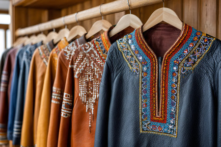 Colorful, beaded leather jackets with intricate embroidery hang on wooden hangers, showcasing traditional craftsmanshipの素材