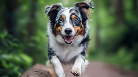 Happy australian shepherd dog jumping over a log in a green forestの素材
