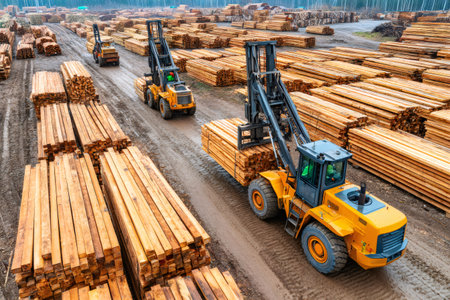 Heavy machinery transporting lumber at a wood processing facility, demonstrating industrial efficiency in timber managementの素材