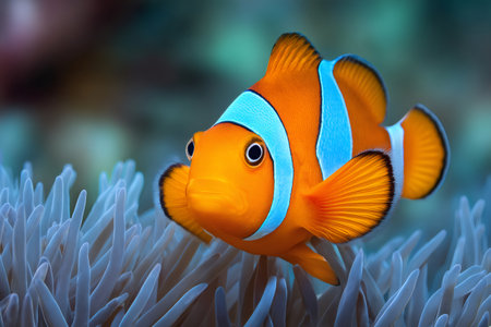 Orange, white, and blue ocellaris clownfish or amphiprion ocellaris swimming near its sea anemoneの素材