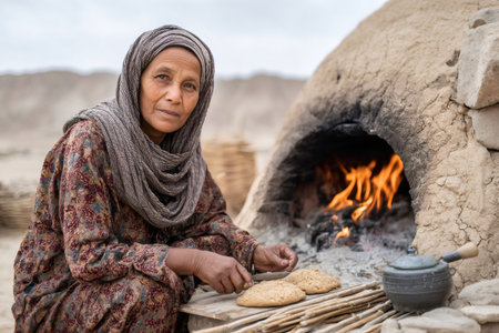 Baker preparing flatbread using a wood-fired clay oven, showcasing cultural culinary traditionsの素材