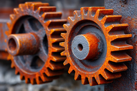 Close up of rusty gears rotating, symbolizing collaboration and industrial processesの素材