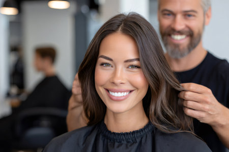 Hairdresser examining hair of smiling client in beauty salonの素材