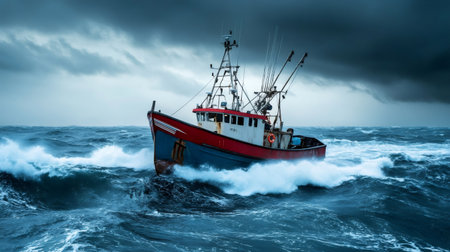 Small fishing boat sailing in a rough sea during a storm with dark cloudsの素材