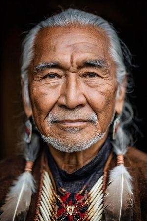 Close up portrait of a smiling senior indigenous man wearing traditional clothing and feather adornmentsの素材