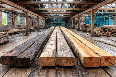Squared timber beams are drying in a sawmill workshop, showcasing the stages of wood processing from raw logs to finished lumberの素材