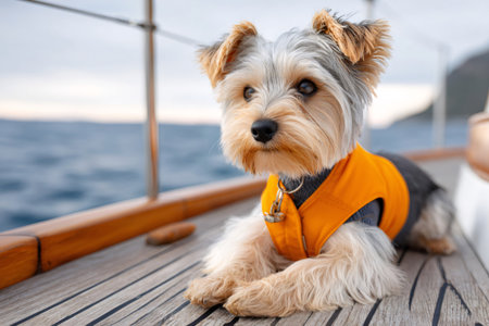 Yorkshire terrier puppy wearing orange life jacket resting on sailboat enjoying a sunny dayの素材