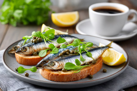 Two toasted bread slices topped with grilled sardines, capers and microgreens, served with lemon wedges and a cup of coffeeの素材
