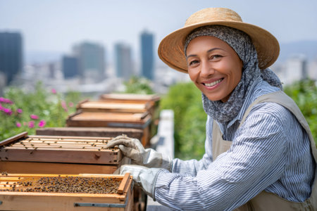 Female beekeeper working with beehives on urban rooftop garden, inspecting honeycombsの素材