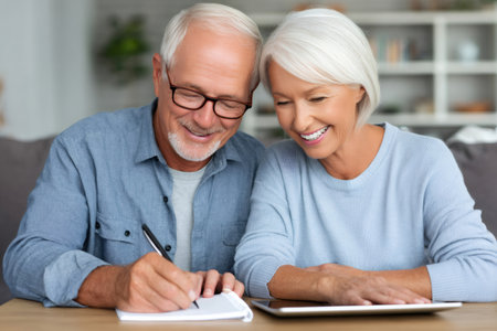 Smiling elderly couple calculating domestic bills, paying taxes online using digital tablet and taking notes in notebookの素材