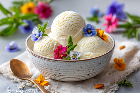 Three scoops of vanilla ice cream decorated with colorful edible flowers, served in a bowl, create a delightful summer treatの素材