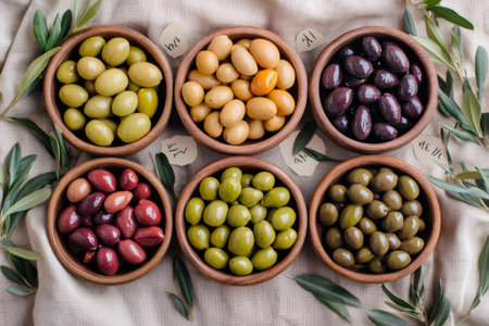 Six wooden bowls filled with different types of olives, showcasing their diverse colors and flavors, accompanied by fresh olive branchesの素材