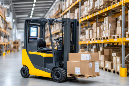 Forklift is carrying boxes in modern warehouse, logistics centerの素材