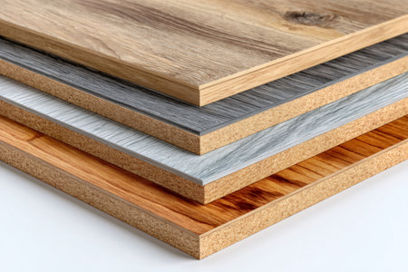Particle boards with various wood grain patterns and colors are stacked, showcasing their potential use in furniture productionの素材