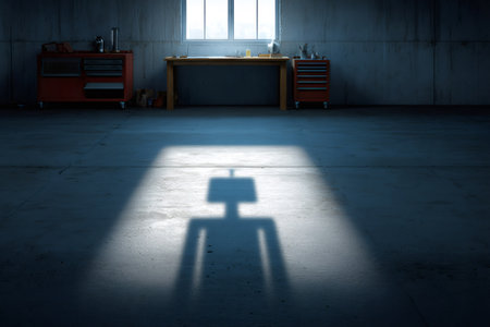 Robot shadow projected on the floor of a workshop by a light beam entering through the windowの素材