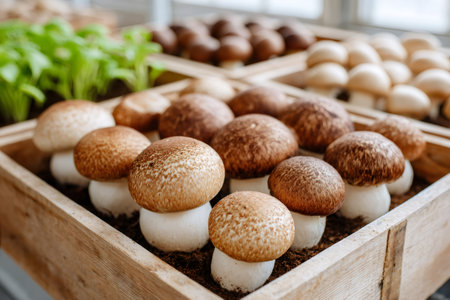 Fresh brown mushrooms growing in a wooden crate, cultivated in a controlled indoor environmentの素材