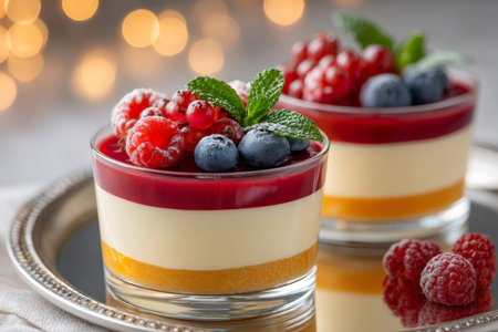 Creamy dessert with layers of different flavors, topped with fresh berries and mint, creating a festive treatの素材