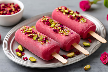 Three pink ice cream popsicles garnished with rose petals and pistachios, creating a visually appealing and refreshing treatの素材