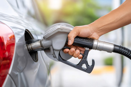 Hand holding nozzle and pumping gasoline fuel in car at gas stationの素材