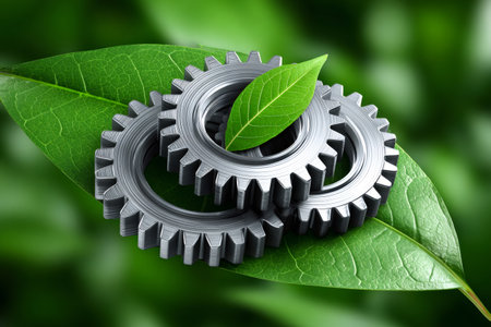 Metallic gears symbolize industrial processes integrating with nature, promoting eco friendly practices and highlighting sustainable technologyの素材