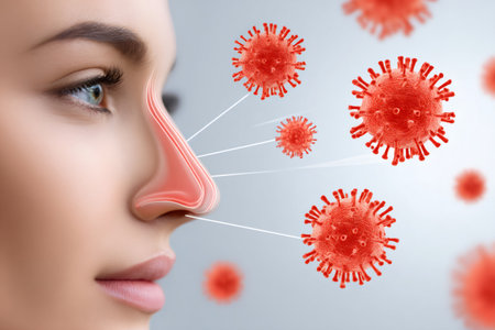 Virus particles are entering woman's nose causing respiratory system infectionの素材