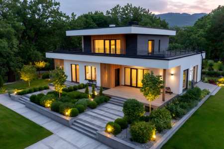 Beautiful modern house with glowing lights at dusk, featuring a well-maintained garden and a wooden deckの素材