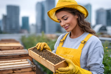 Beekeeper woman wearing protective clothing inspecting honeycomb frame on urban rooftop beekeeping farmの素材