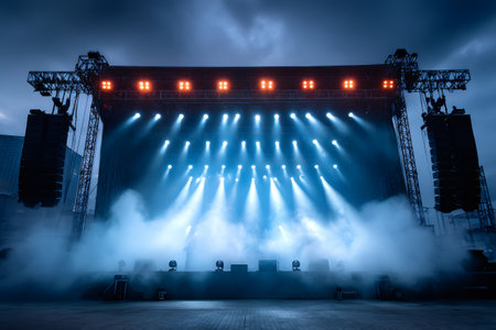 Professional lighting equipment illuminates an empty stage filled with smoke, creating an exciting atmosphere for an upcoming concertの素材