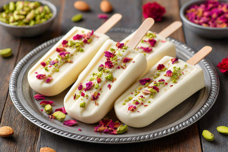 Delicious kulfi popsicles with pistachios and rose petals are served on a metal plate, offering a refreshing and exotic treatの素材