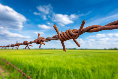 Close up of rusty barbed wire protecting a vibrant green field, under a bright blue skyの素材